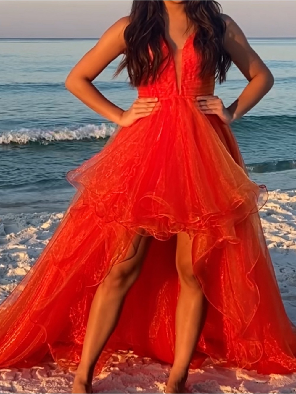 Rachel Allan Red High-Low Tulle Dress with Plunging V-Neck